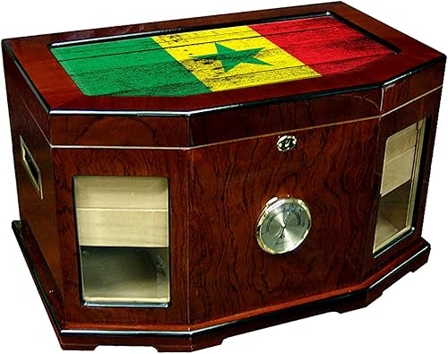 ExpressItBest Large Premium Desktop Humidor - Glass Top - Flag of Senegal (Senegalese) - Wood Design - 300 cigar capacity - Cedar lined with two