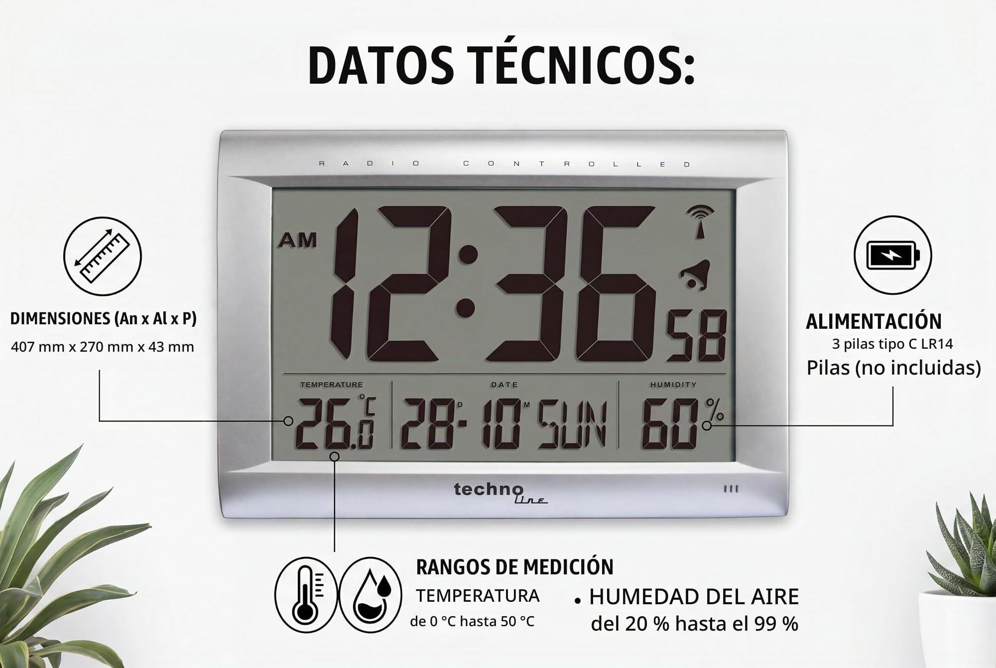 Technoline Ws 8009 - Reloj de Pared Controlado Por Radio, color plateado
