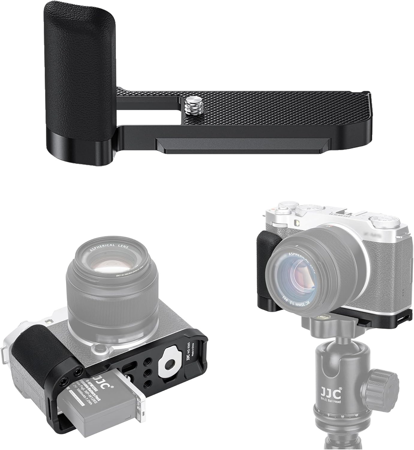 JJC Metal Hand Grip Handgrip Secure L-Shape Bracket for Fuji Fujifilm X-M5 XM5 Camera, Silicone Side Handle, Anti-Slip Pad, Arca Swiss Quick Release Plate, 1/4"-20 Tripod Hole & Hand Strap Hole, Black