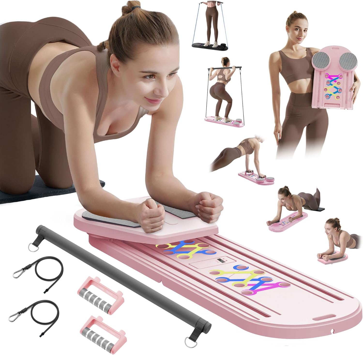 Pilates Board Pilates Reformer Set - Multifunctional Home Workout Board for Core & Abdominal Training,Portable Pilates Equipment for Women & Beginners Pink Pilates reformer set