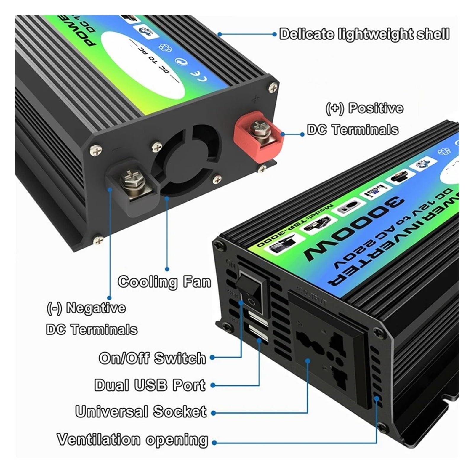 Convertidor 600 W CC A CA 12 V220 V/110 V/230 V Portátil para Coche Cargador Adaptador Transformador Accesorios para El Hogar Portátil(Black 12v to 110V)