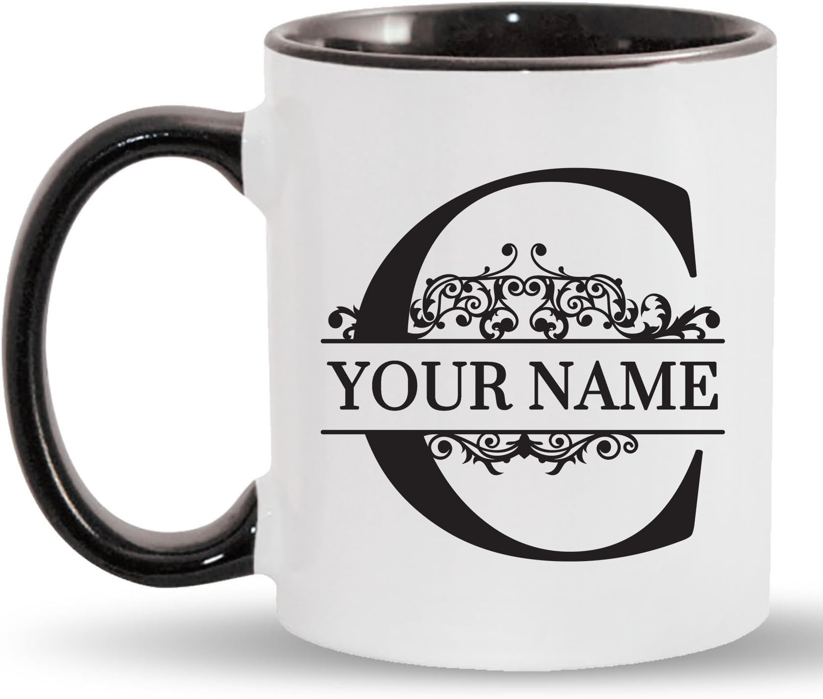 C - Custom Monogram Coffee Mugs - ADD YOUR NAME - Personalized Ceramic Cups - 11oz