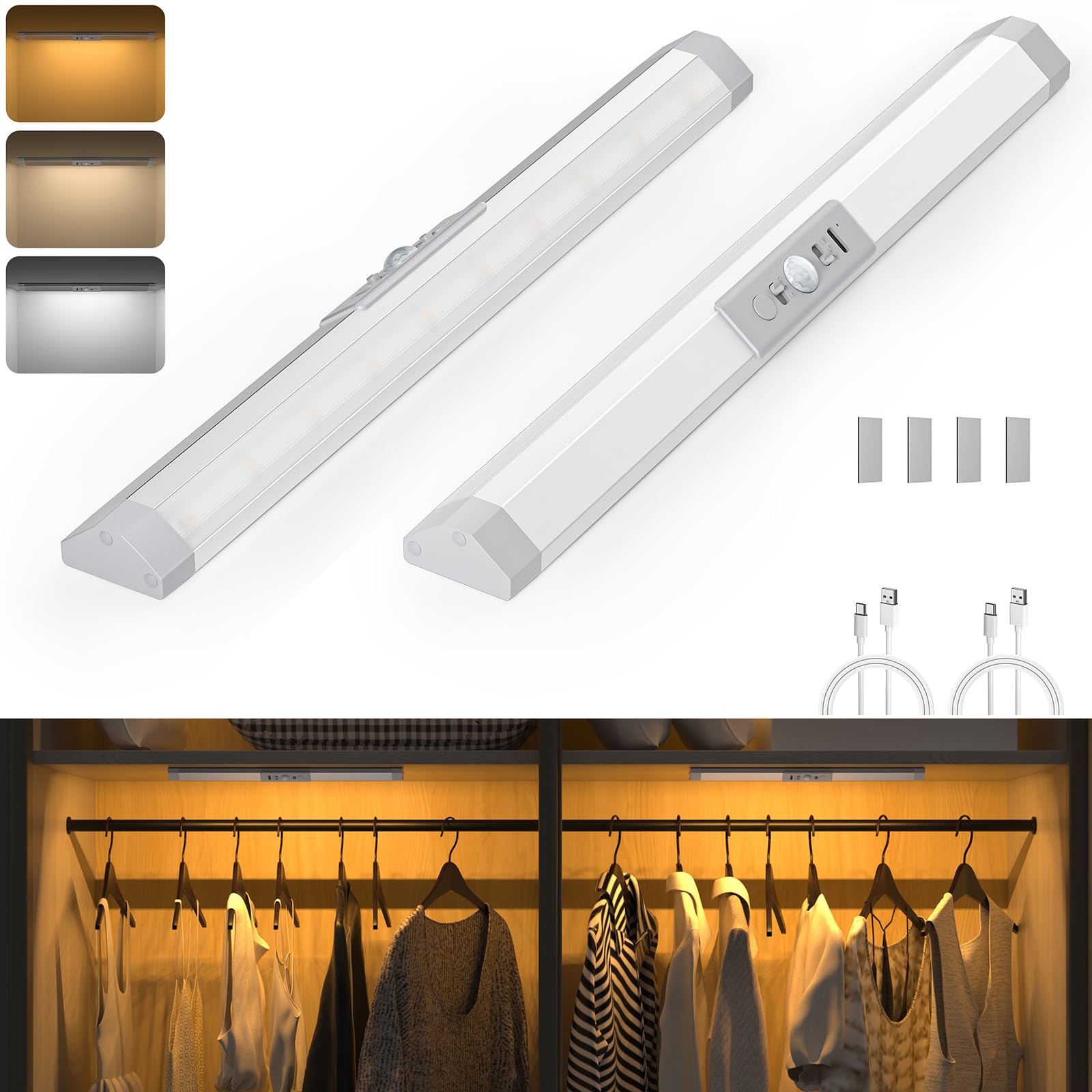 WOBANE 2 Pack Wardrobe Lights Motion Sensor, 3 Colour Dimmable, USB Rechargeable Eye Protection Wardrobe Lighting, Magnetic Stick on Lights for Cupboard Hallway Bedroom, 30cm, Aluminum
