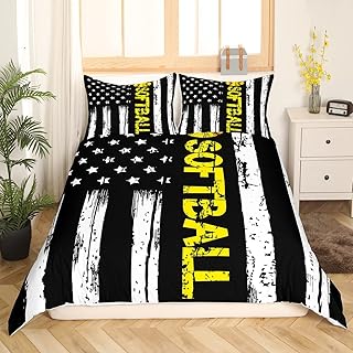 USA Flag Bedding Set,Baseball Softball Comforter Cover Full,White Black Striped Stars Duvet Cover,Retro Style Sports Ball Game Bedspread Cover for Teens Kids Boys Men Bedroom Home Dorm DÃ©cor,3Pcs
