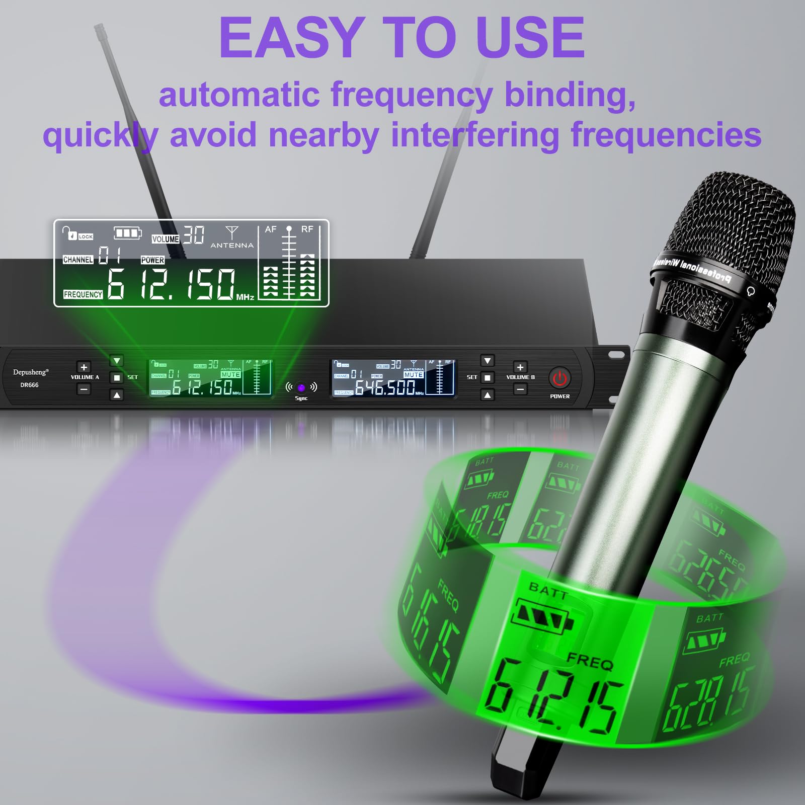 Depusheng DR666 Microfono wireless professionale Karaoke Doppio microfono senza fili palmare, scocca in metallo, ricezione a lunga distanza 100 metri, dedicato per il palcoscenico del bar