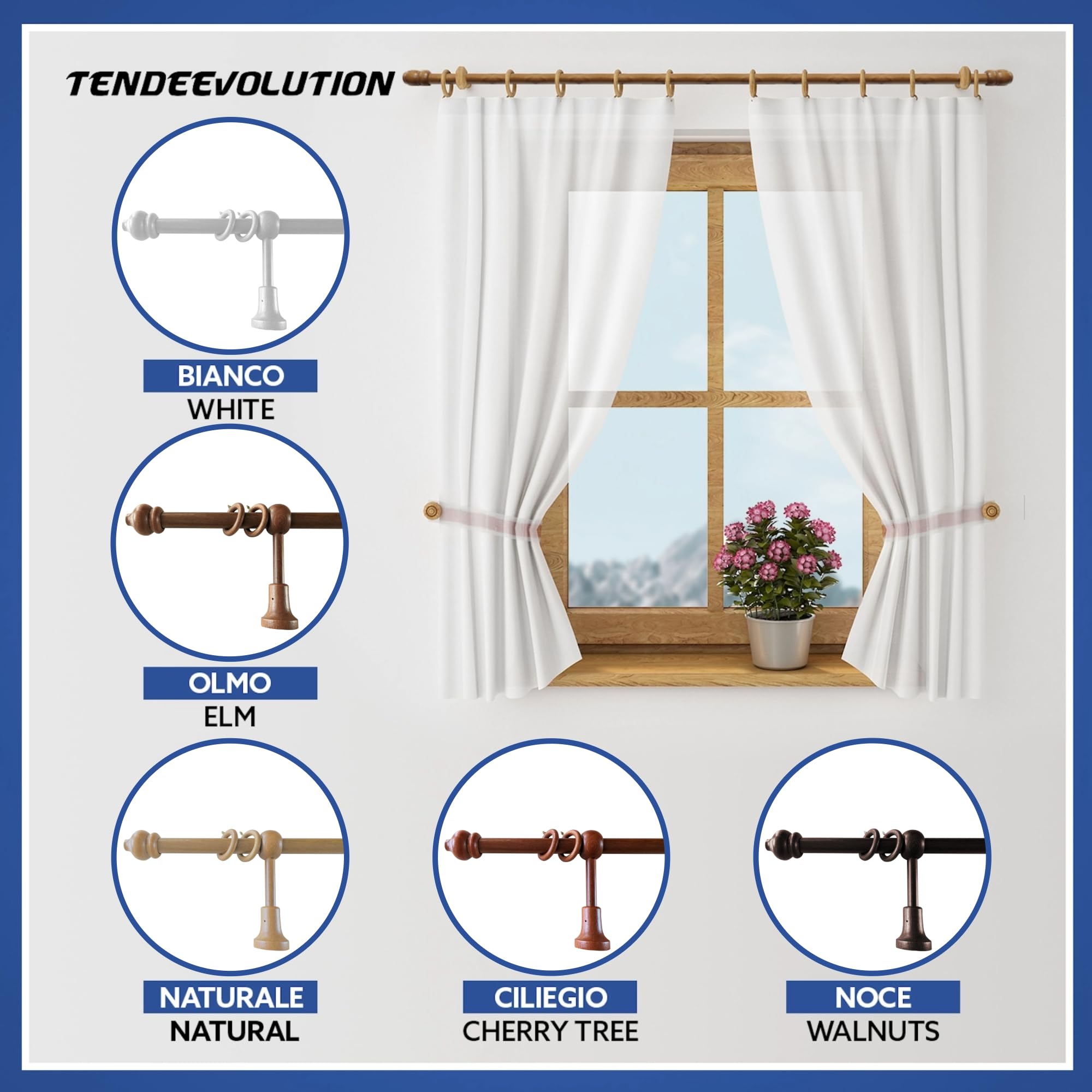 TENDEEVOLUTION Bastone Tenda Legno con Anelli e Accessori, Diametro 23 mm, Lunghezza da 100 a 200 cm Movimento Manuale. Bastone Tenda Bianco e Altri Colori con Supporti e Terminali (NATURALE, 140 CM)