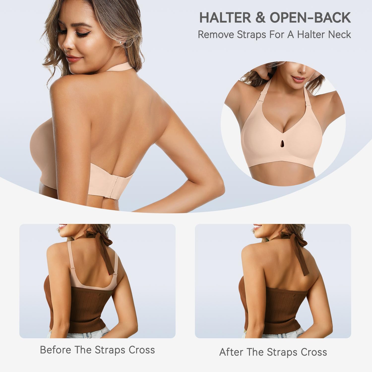 LUCKMEEY Bras for Women No Underwire Wireless Bras Removable Straps (U/Halter/Cross) Push Up Seamless T-Shirt Bra - Image 3