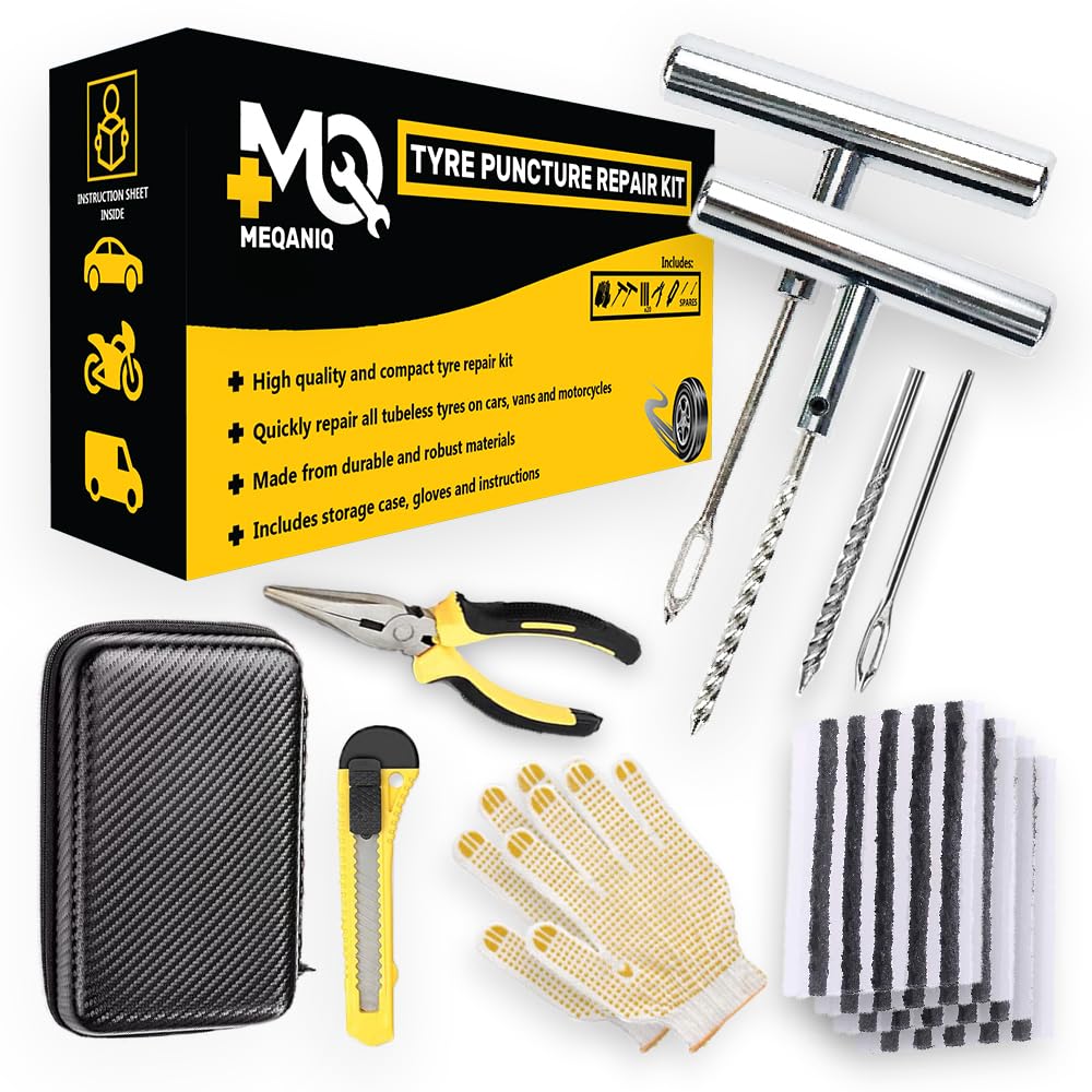 Heavy-Duty Tyre Repair Kit - Car Tyre Puncture Repair Kit - Emergency Fix for Car, Motorcycle, Truck, Van, ATV, Tractor & More - Tubeless Tyre Repair Kit with 20 Strings, Storage Case and Extras