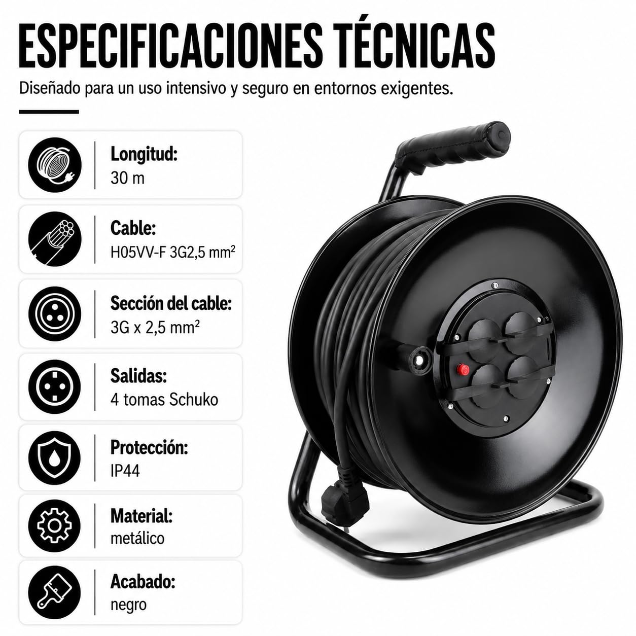 Silver Electronics - Enrollacables profesional 30 m, IP44, 4 tomas Schuko con toma de tierra, cable 100% cobre H05VV-F 3G2,5 mm², 16 A, 3600 W desenrollado, tambor metálico negro