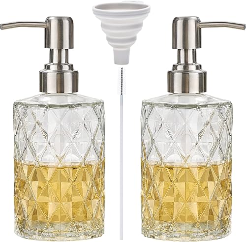 Easy-Tang Paquete de 2 dispensadores de jabón para baño dispensador de jabón de manos de vidrio con diseño de diamante transparente de 12 onzas con
