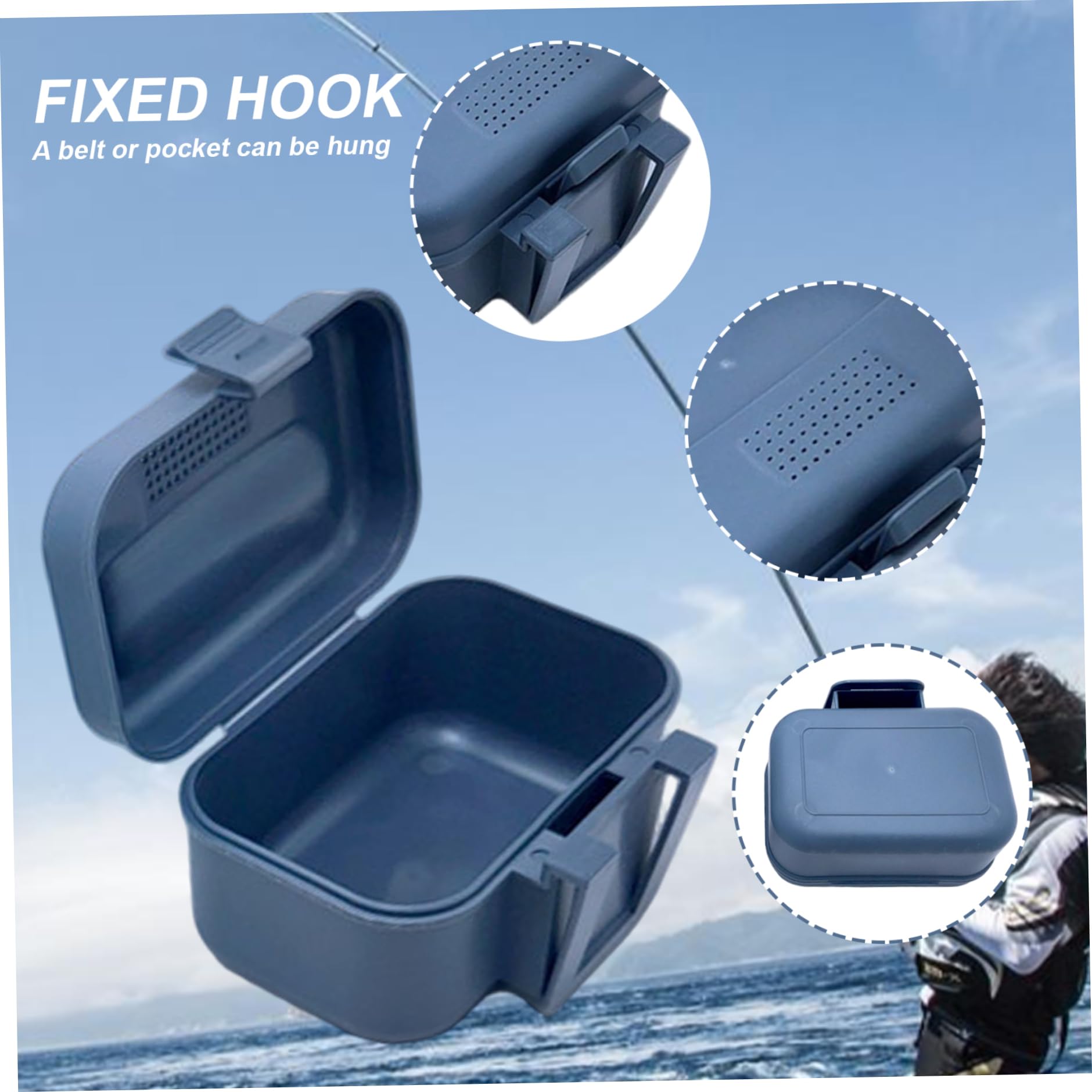 Caja de gusano, caja de cebo vivo de pesca de plástico, balde de cebo de agujeros transpirables con tapa a prueba de fugas, clip en recipiente de gusano para el cinturón, cubo