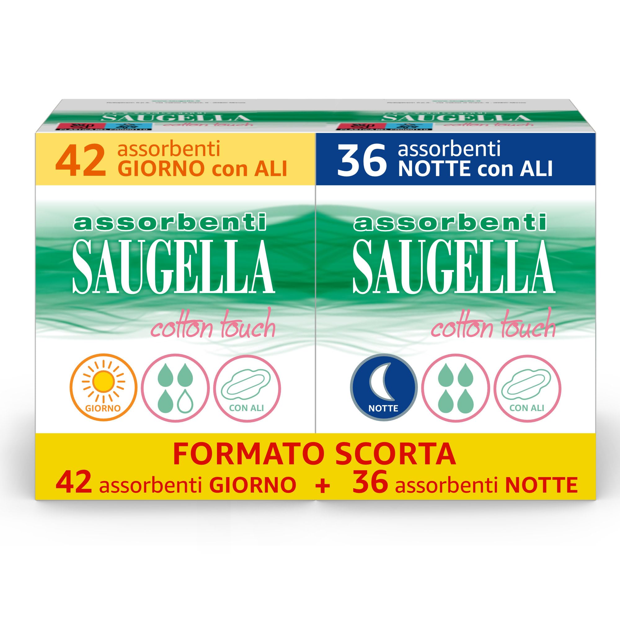 Saugella Assorbenti Cotton Touch Giorno & Notte, 42 Assorbenti Cotone Giorno con Ali e 36 Assorbenti Cotone Notte con Ali, Azione Antibatterica, Antiodore e Lenitiva