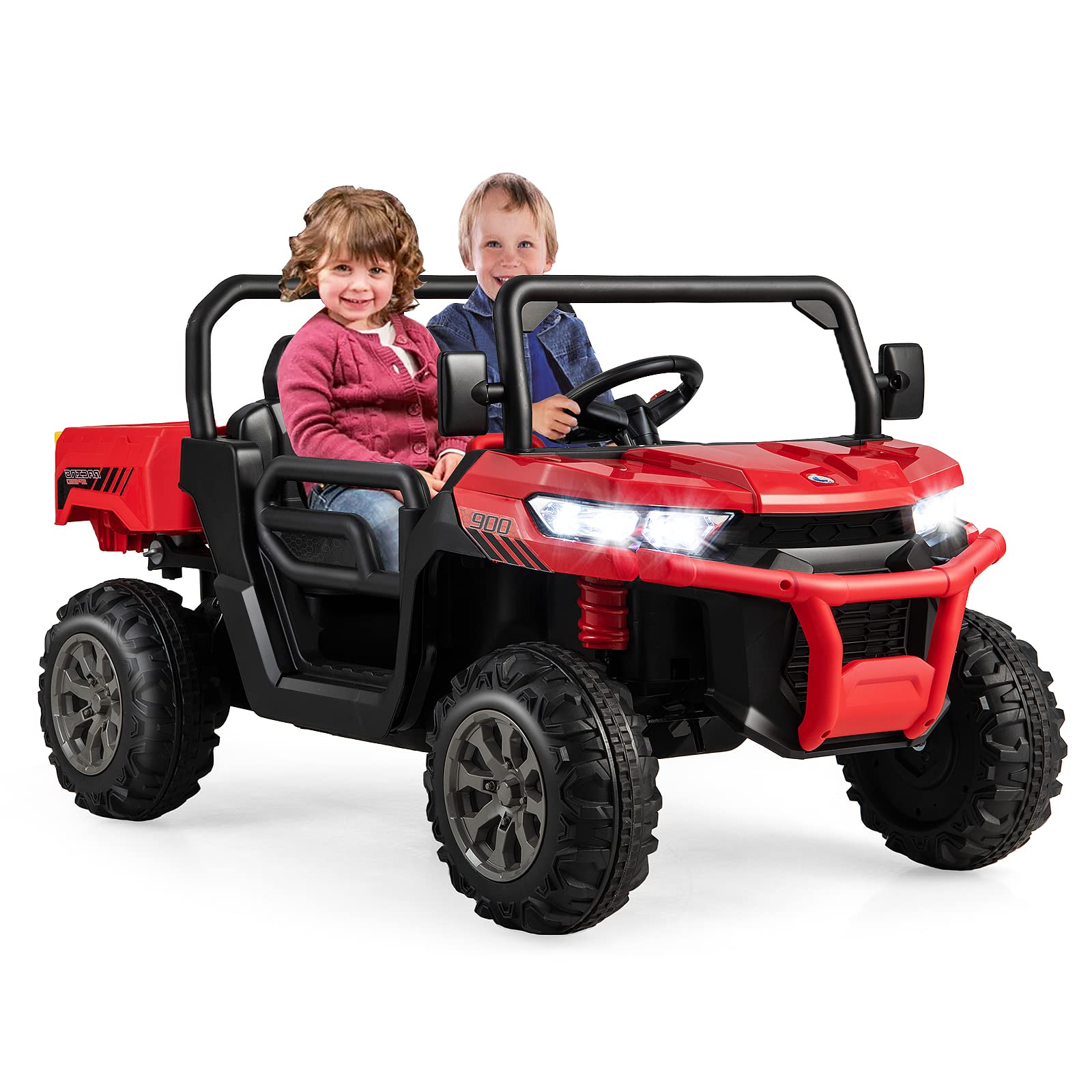 COSTWAY 12V Auto Elettrico per Bambini, Trattore Elettrico con Scatola di Scarico, Macchina Elettrica con Pala Telecomando e Musica, Regalo per Bambini 3-8 Anni, 3-8 km/h (Rosso)