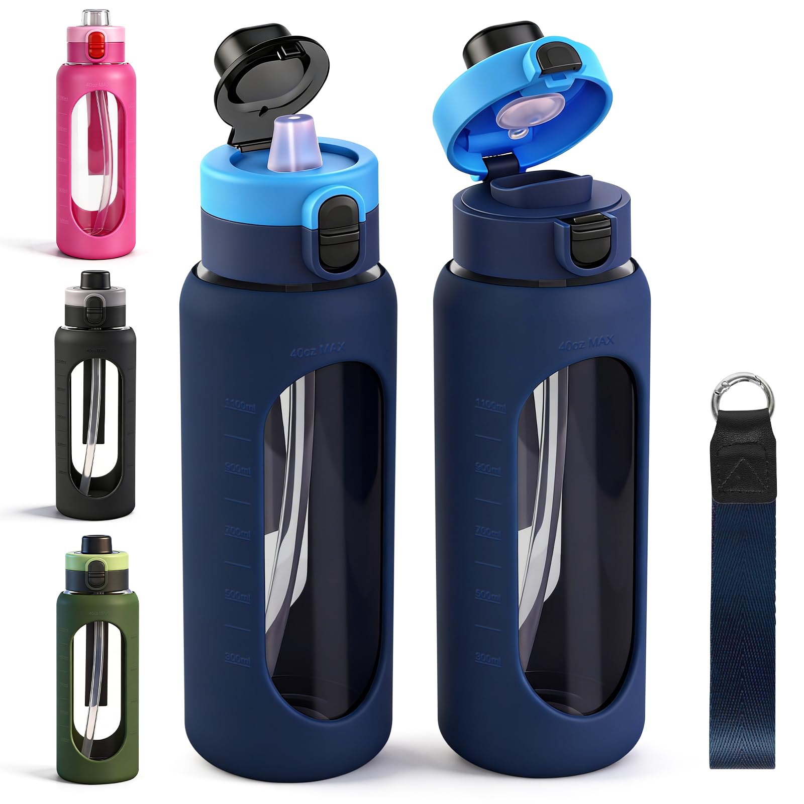 40OZ/1200ml Glass Water Bottle, Large Sports Water Bottle with Dual-Drink Lid Clear Leakproof Glass Bottles with Straw, Motivational Jug with Silicone Sleeve and Time Marker for Travel Gym-Blue
