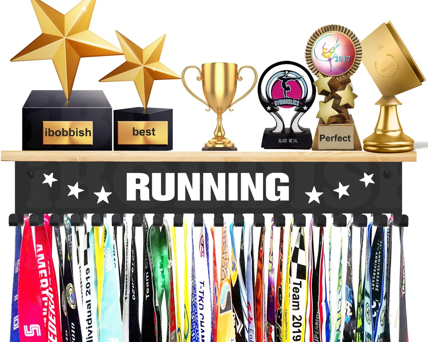 Marathon Running Trophy Shelf with Hooks for Medals - Metal Display Shelf for Wall Mount Ribbon Display, Trophy Shelves for Gymnastics, Soccer, Wrest,Running Race Medals Awards Rack,Gifts for Runners