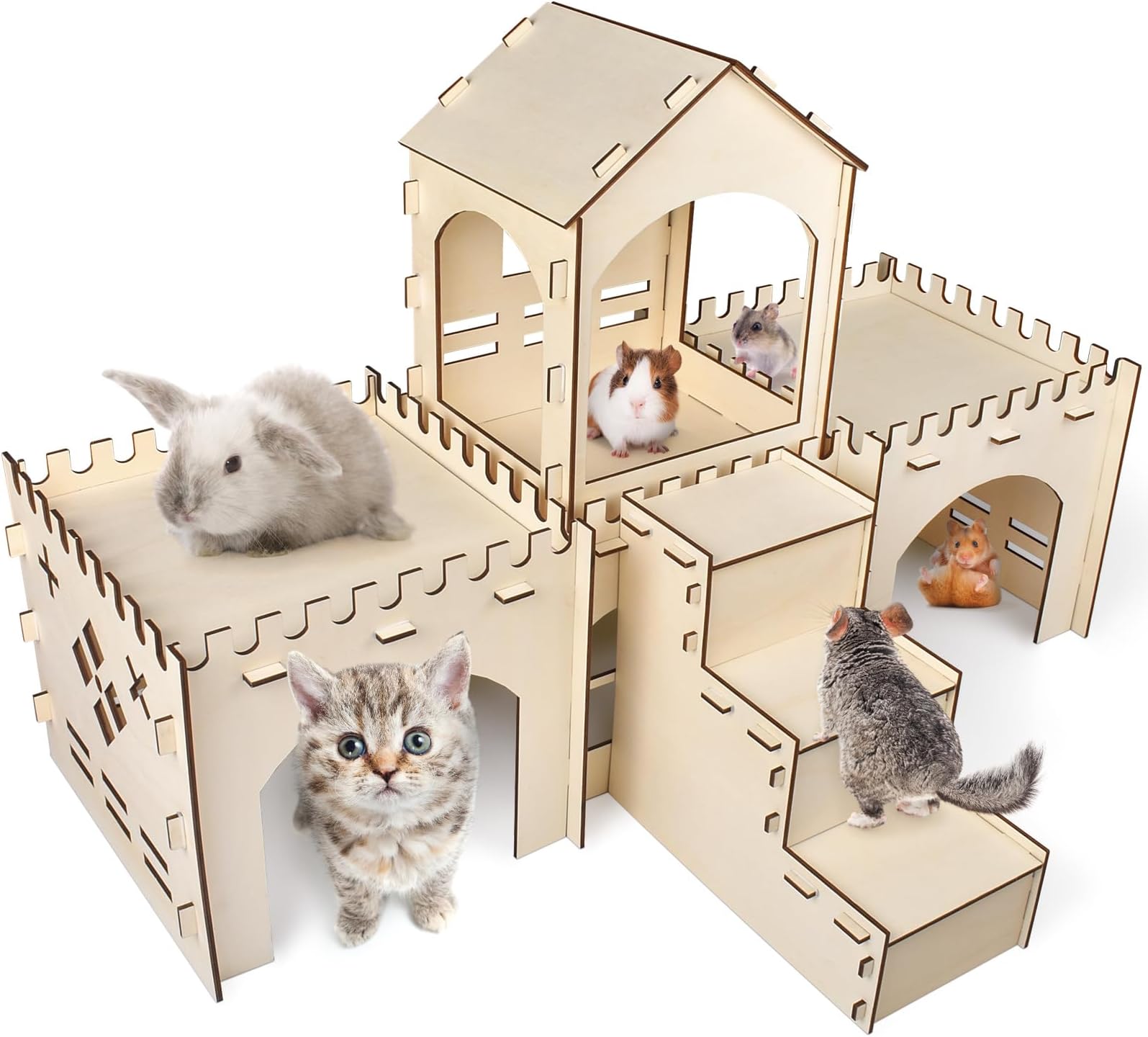 Large Rabbit Wooden Hideout House, MultiChamber Small Animal Wooden Castle Cage