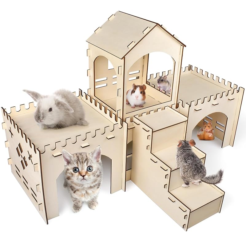 Casa de Madeira para Coelhos e Pequenos Animais Bissap, Castelo com 2 Níveis