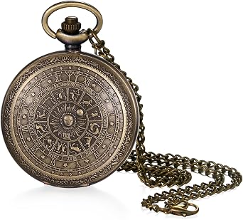 JewelryWe Unisex Vintage Pocket Watch Men Women Analog Quartz Antique Bronze Embossed 12 Chinese Zodiac Arabic Numerals Dial Fob Half Hunter Watch with Sweater Chain
