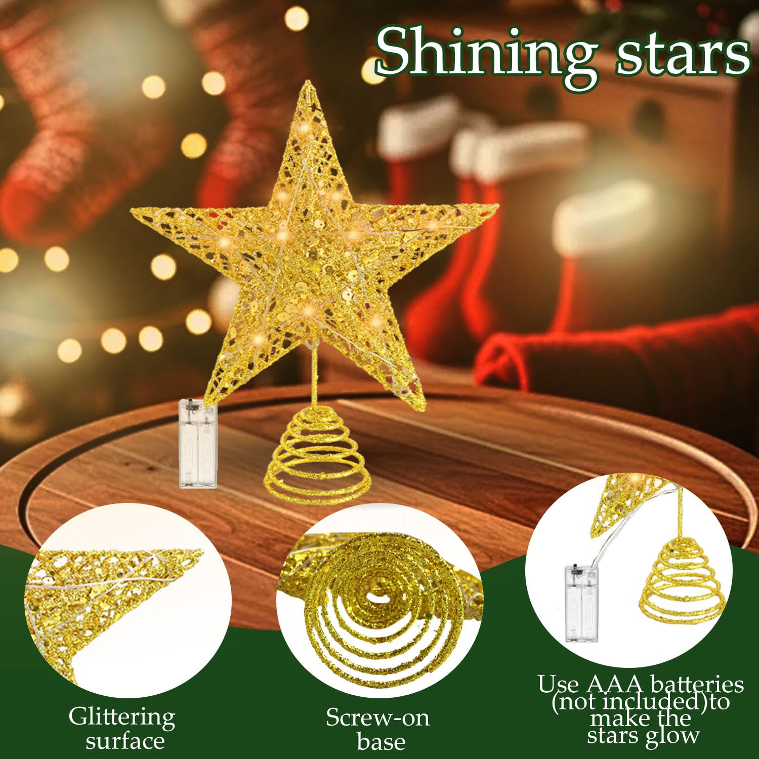Estrella Arbol de Navidad Led,20 * 25 * 5.5cm Estrella Arbol de Navidad con Luz,Alimentada por Pilas Base Espiral,para Interiores y Decoracion Festival Hogar,Fiesta,Salón,Jardín