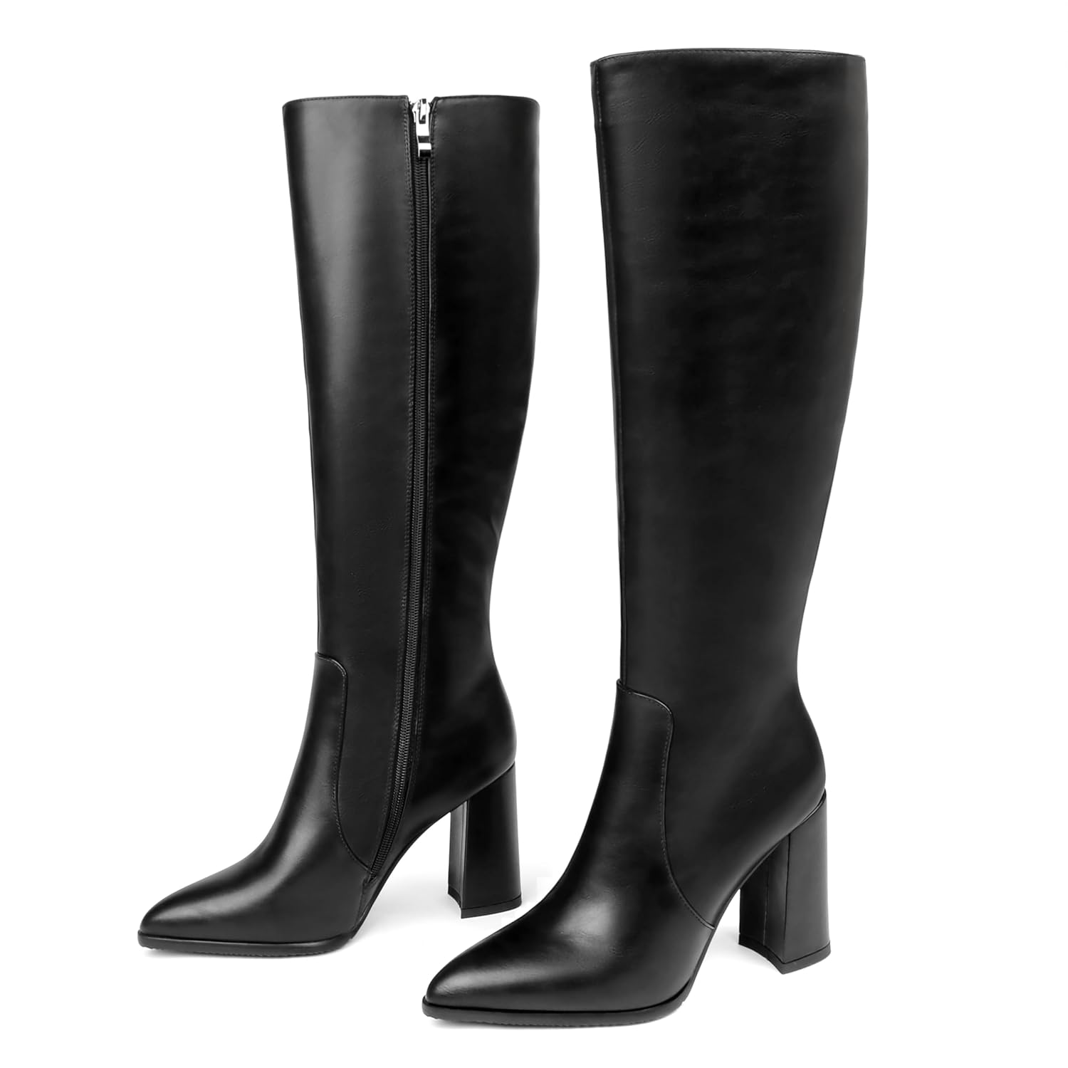COLETER Womens Knee High Boots Pointed Toe Chunky Gogo Boots Zipper Block Heeled Tall Dress Boots