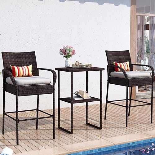 Miniatura 2 de Sundale Outdoor Juego de 2 taburetes de bar, 2 piezas, sillas de mimbre de ratán, silla de altura de barra para patio con brazos, cojín beige,