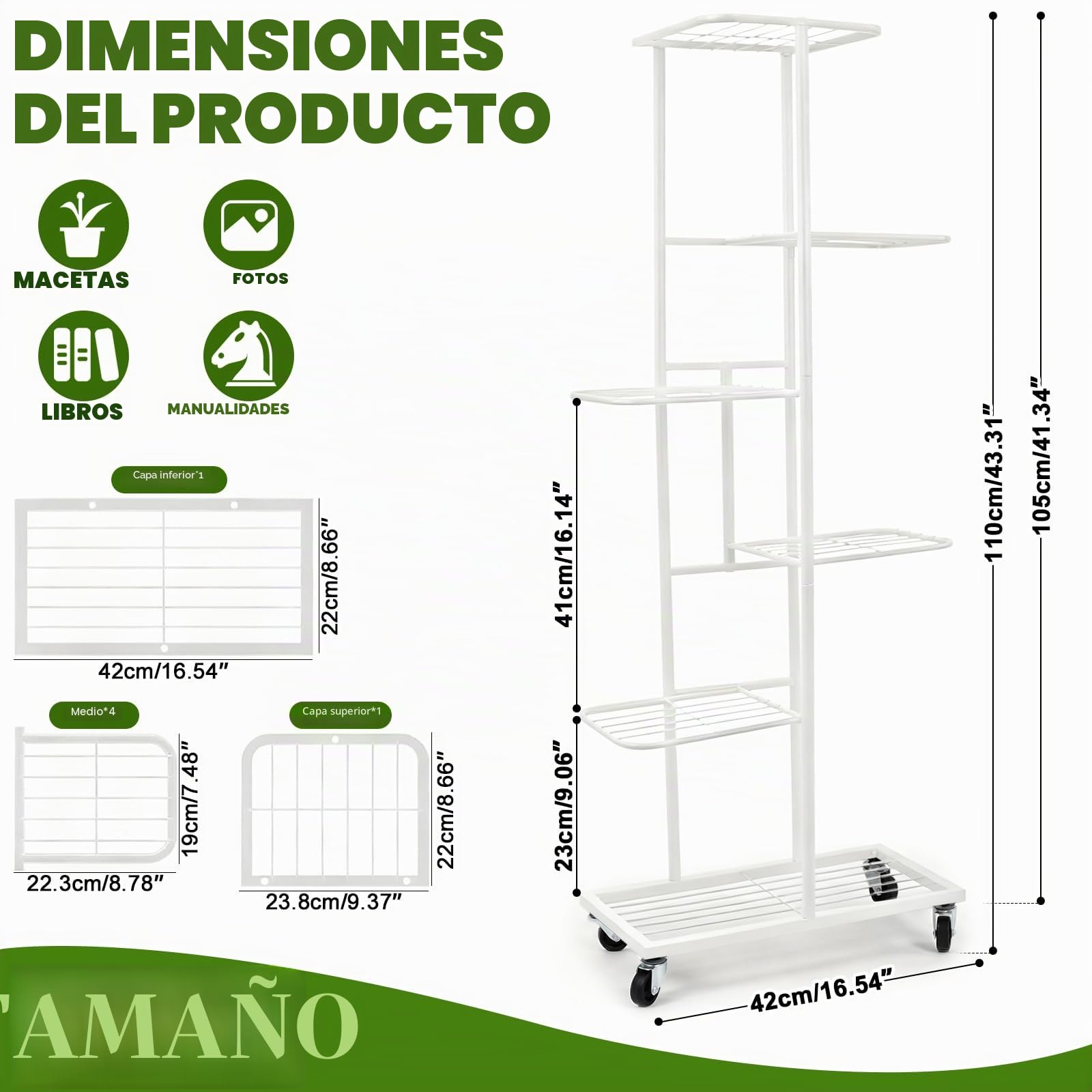 Estante para Plantas 6 Niveles, Estante de Metal con Ruedas, 108 cm de Altura, para Uso Interior y Exterior, Blanco