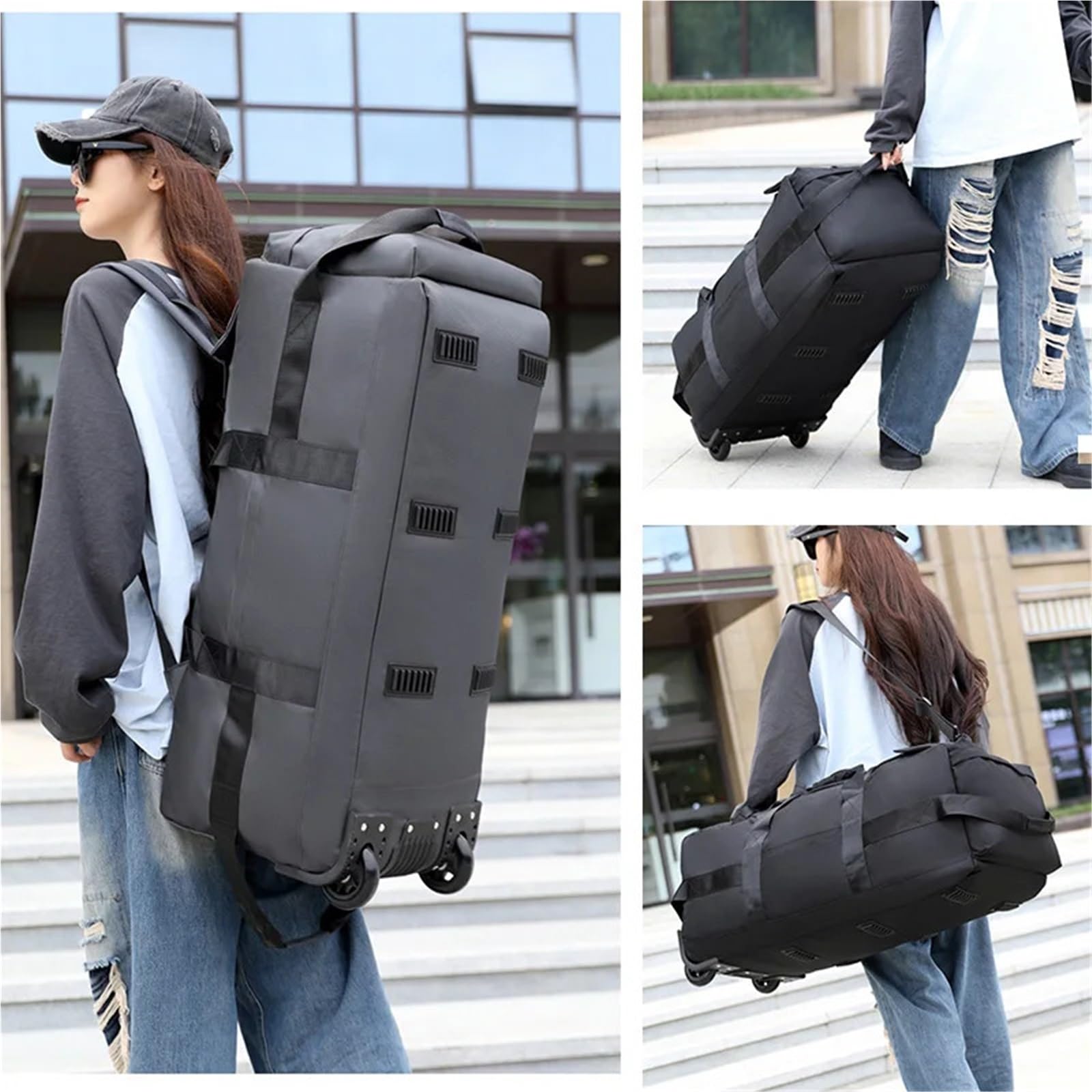 Borsa da viaggio pieghevole con ruote, for campeggio, escursionismo, auto, bagagli, trasloco, grande, zaino sportivo e fitness(Grey)