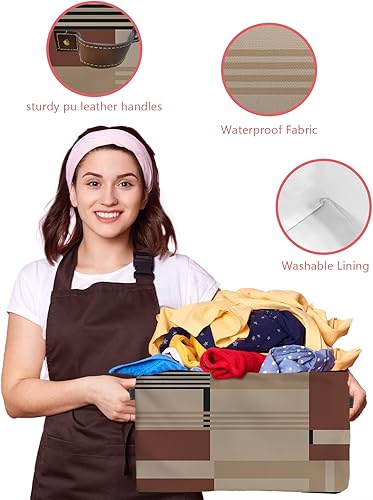 Miniatura 4 de Brown Beige Geometric Storage Basket for Organizing Shelves, Collapsible Storage Bins Boxes with Handle, Modern Plaid Striped Black Lace Art Canvas