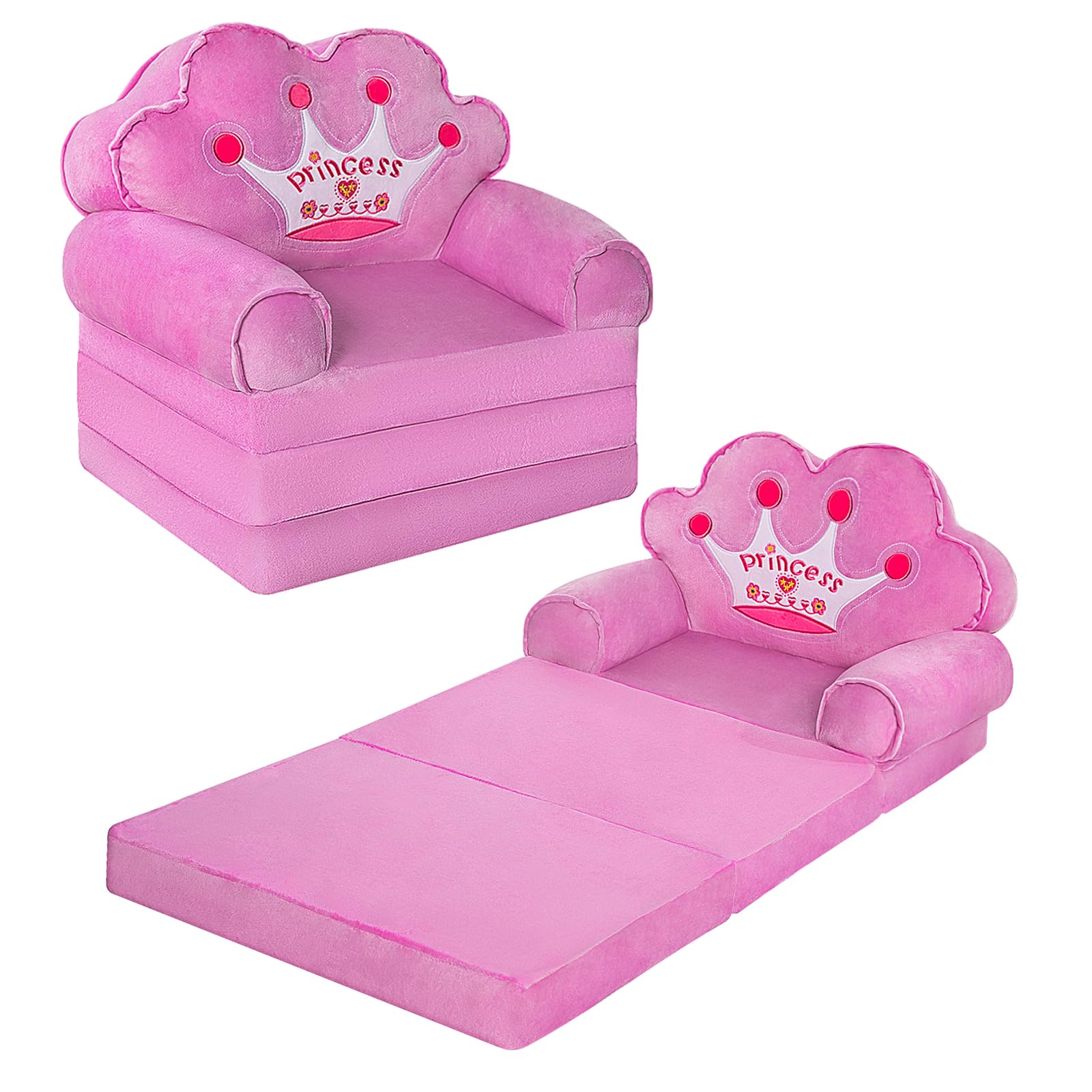 MOONBEEKI Kids Couch Fold Out, Foldable Princess Chair for Toddlers 1-3, Sofa Bed for Kids Folding Toddler Bed Lounger Chair for Bedroom（Purple）