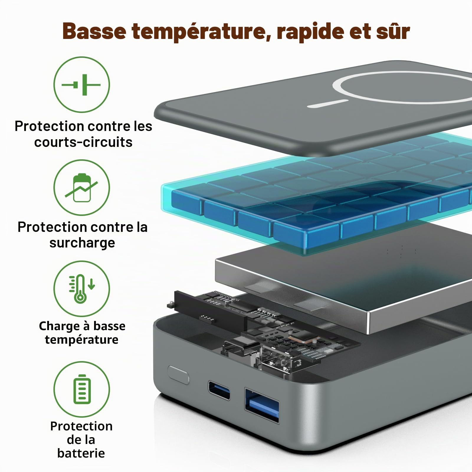 Batterie externe magnétique sans fil, chargeur portable 26800 mAh, entrée et sortie USB C pour iPhone séries 17/16/15/4/13/12 et autres téléphones Android (gris)