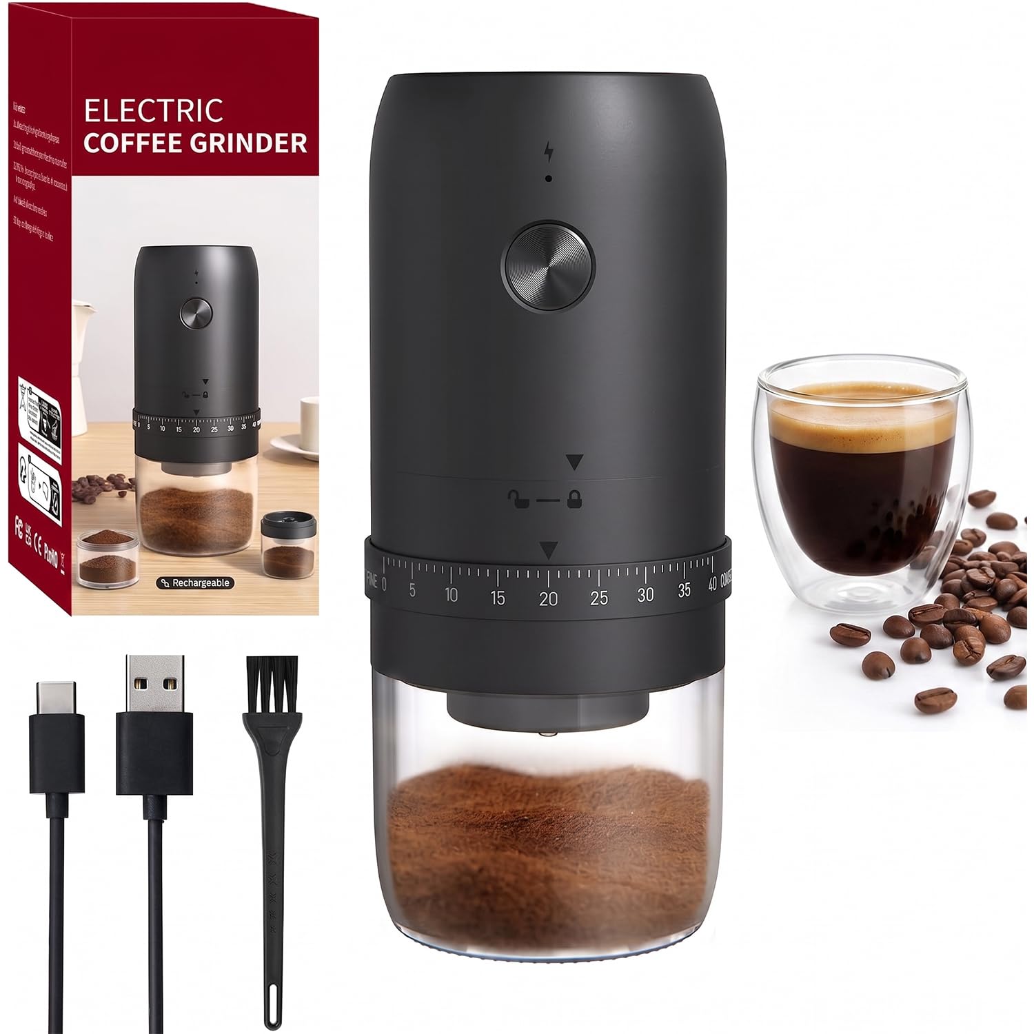 Molinillo de café eléctrico portátil, recargable por USB, 40 ajustes de molienda ajustables, automático de un solo toque, color negro
