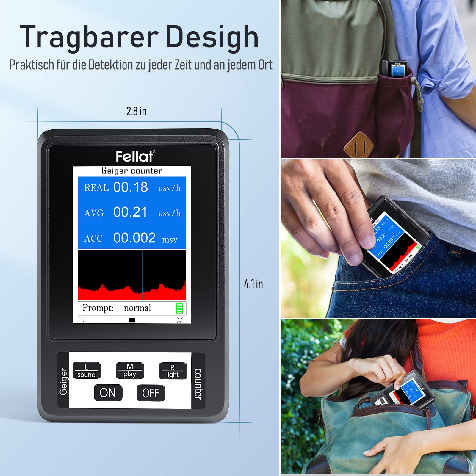 Geigerzähler, FELLAT Nuklear Strahlungsdetektor Dosimeter zur Messung, Beta Gamma Röntgen-Tester, Professioneller Strahlungsdetektor mit LCD-Display
