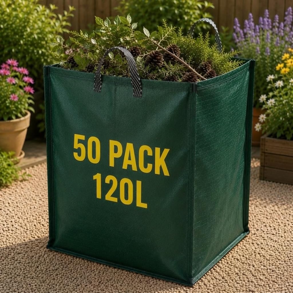 Heavy Duty Garden Waste Bags 120 Litre - Premium 150gsm Reusable Sacks with Handles, Tear & Puncture Resistant, UV Protected - 1/2/3/5/10/20/50/100 Pack (50)