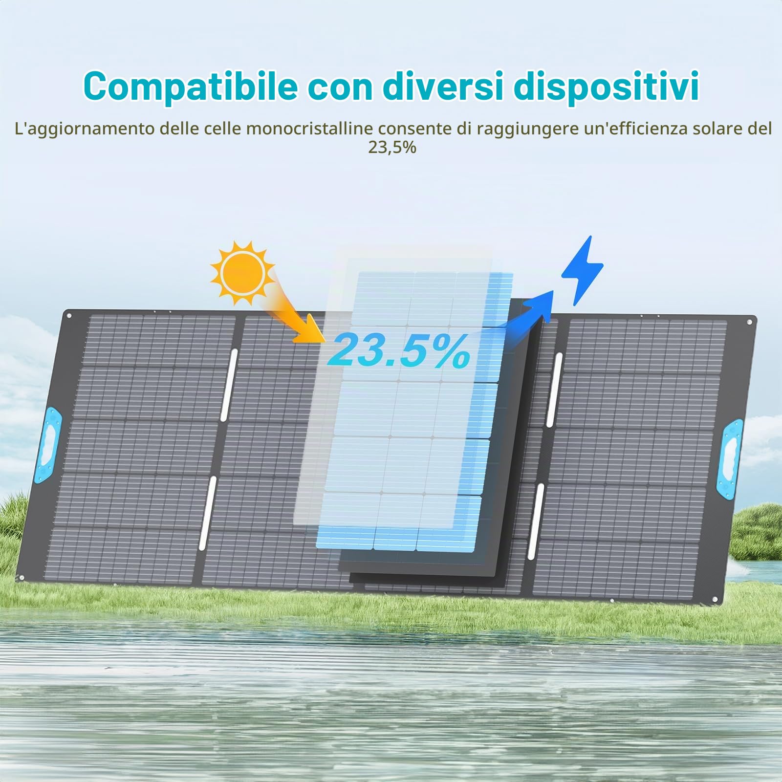 Pannello solare pieghevole 400 W, monocristallino con efficienza del 23,5%, impermeabile IP67, con supporto e adattatore Anderson, compatibile con Powerstation, generatore, camper, campeggio