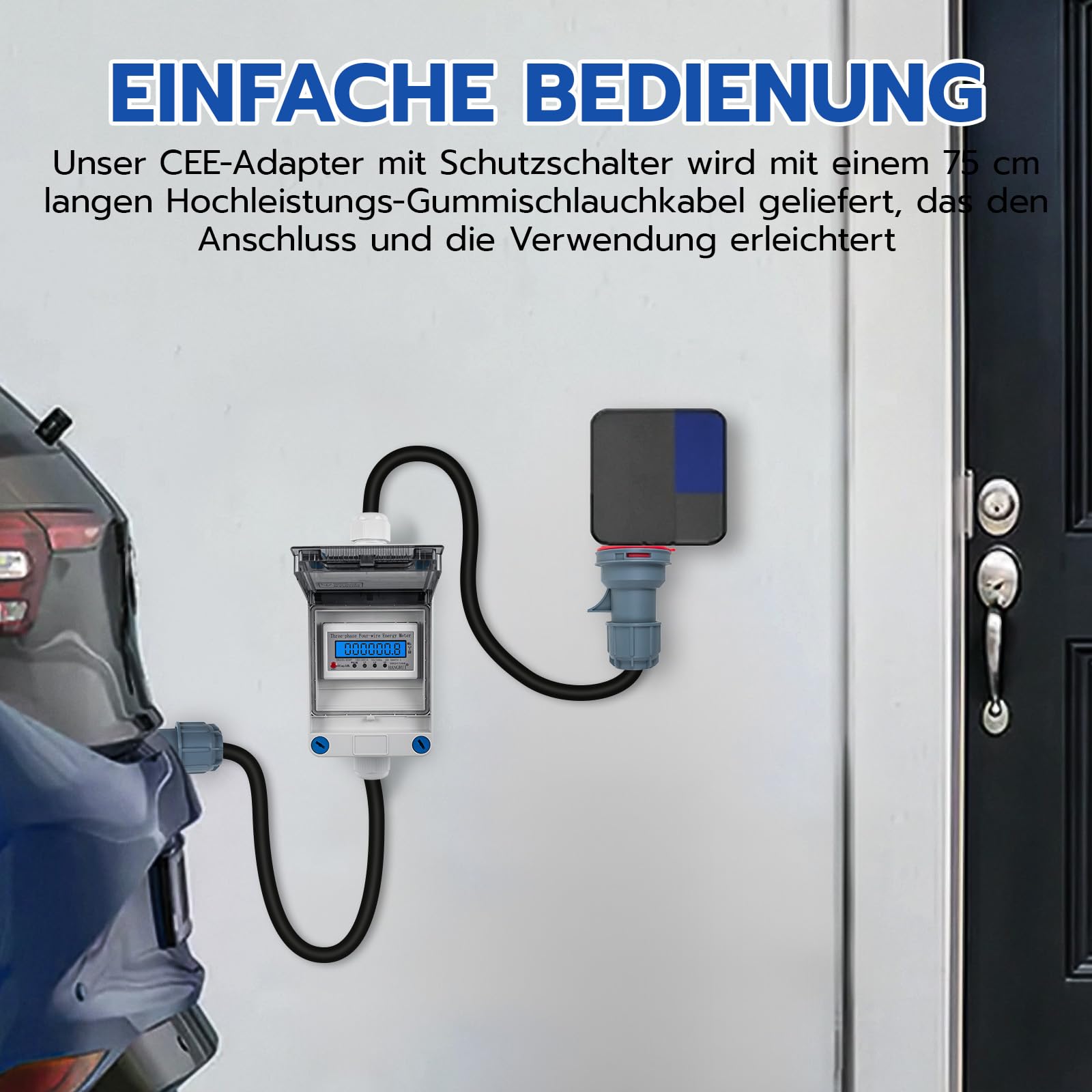 Mobiler Digitaler Stromzähler 3 Phasen 16A IP44 CEE Adapter 5 Pin Stecker Kupplung 2,5 mm² Verlängerungskabel 0,5M