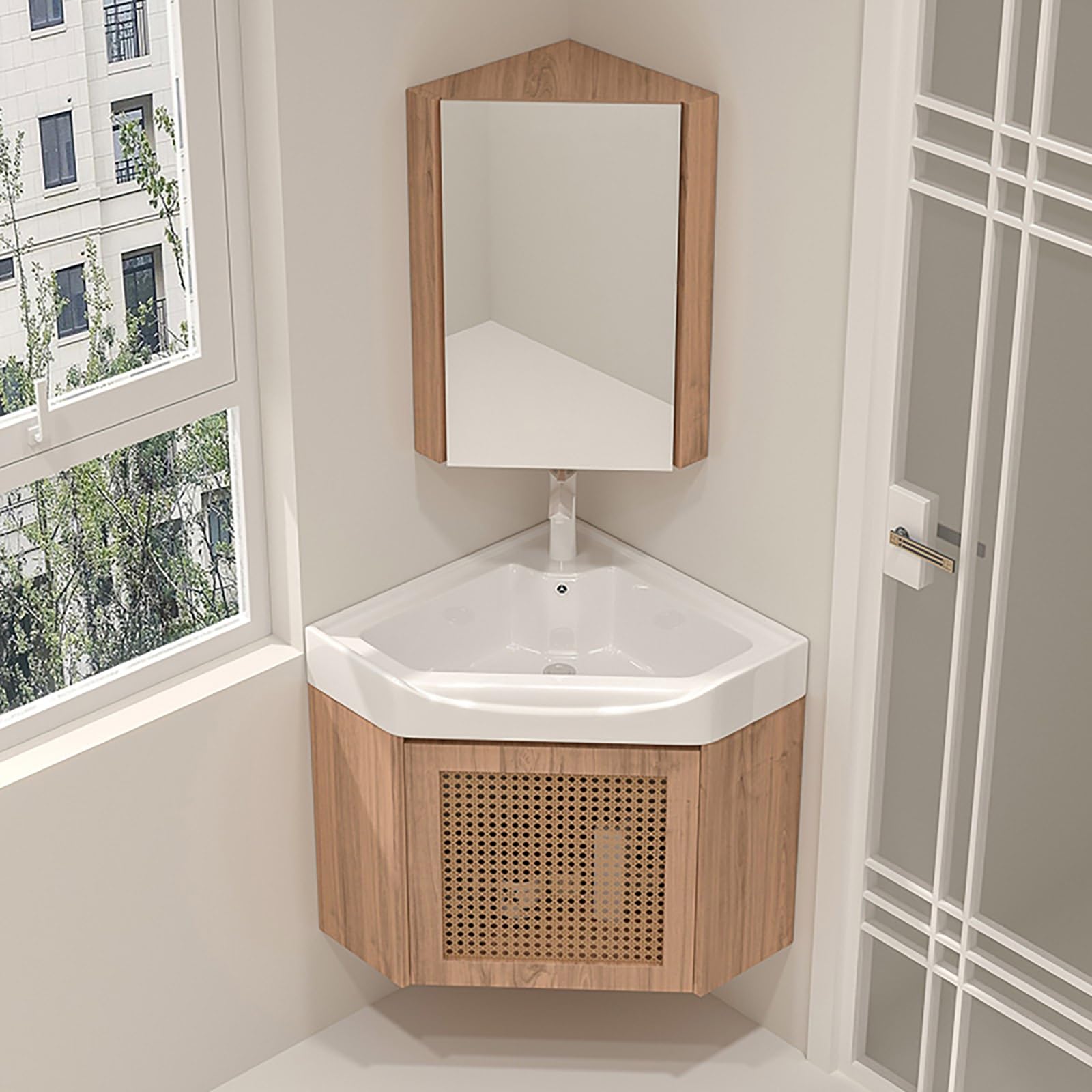 BKSXSOP Corner Bathroom Vanity with Sink - Floating Ceramic & Mirror Cabinet, Space-Saving Storage Faucet Drain for Small Bathrooms