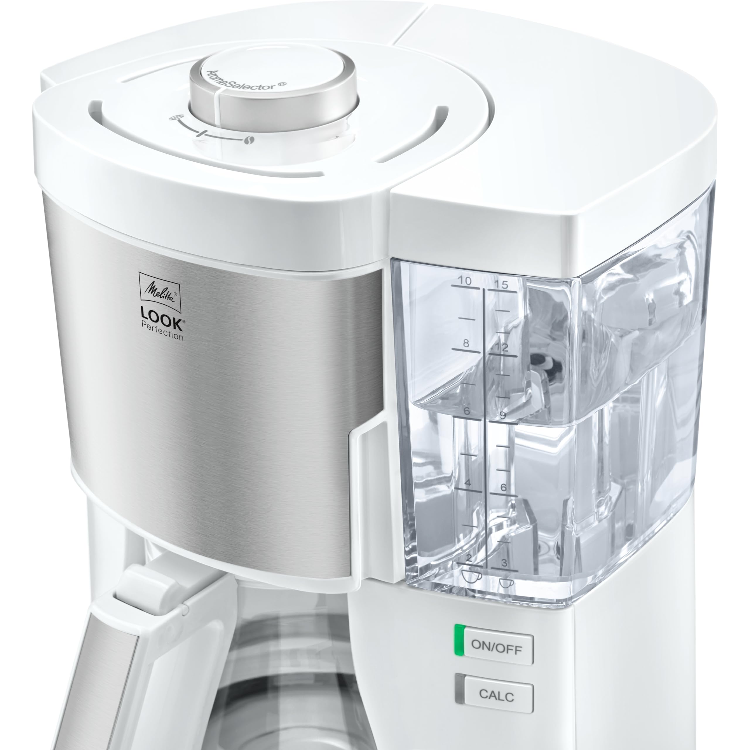 Melitta Look V Perfection 1028-05, Cafetera Goteo, AromaSelector, Jarra de Vidrio, Depósito de Agua Extraíble, Protección 3 en 1 Anti Cal, Moderna, 1,25 Litros, 10 Tazas, Filtros 1x4, 1080W, Blanco
