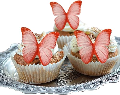 Miniatura 1 de Un juego de 60 piezas de papel de oblea, cupcakes de mariposa, decoración para hornear, festival de boda, postre, decoración de alimentos (rojo)