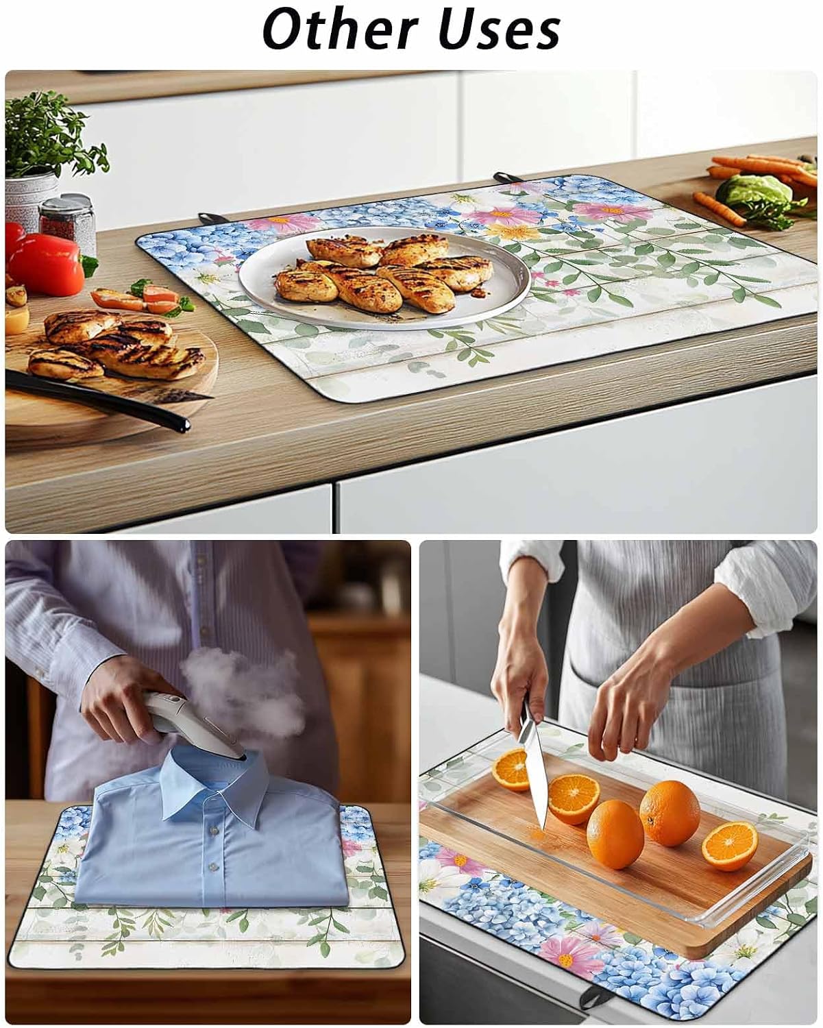 Stove Cover for Electric Stove 36x21 Inch Blue Hydrangeas Green Leaves Stove Top Cover Floral Wood Grain Glass Cooktop Covers Anti-Slip & Heat Resistant Countertop Protector Home Decor
