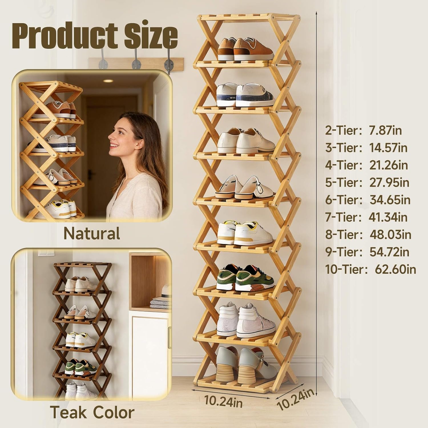9-Tier Foldable Bamboo Shoe Rack, No-Tool Assembly Narrow Wooden Shelf for Entryway, Tall Vertical Shoe Storage Organizer with Collapsible Design for Small Spaces(Tea Brown,10 Tiers)