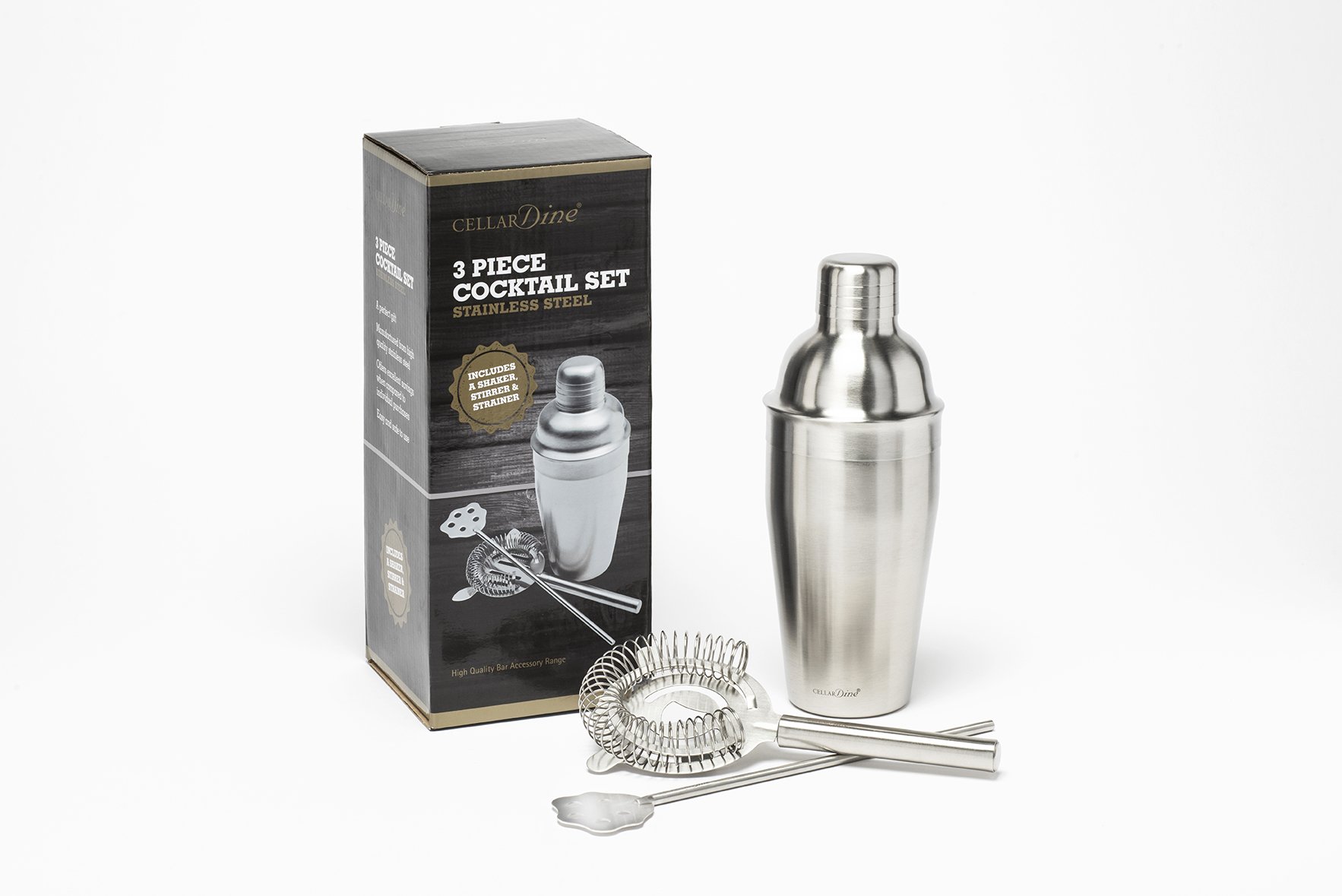 Cellardine 3 Piece Cocktail Set, Stainless Steel, Silver