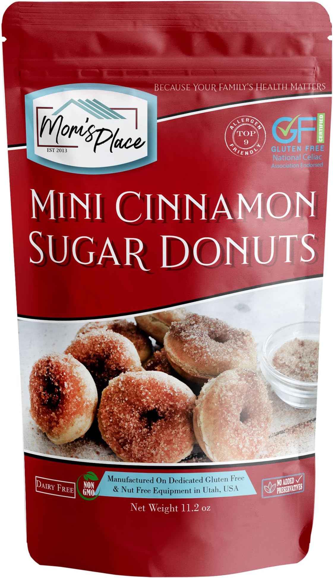 Mom's Place Gluten-Free Cinnamon Sugar Donut Mix, Nut Free, Dairy Free, Soy Free, Makes 18 Mini Donuts, Non-GMO, Delicious & Allergen-Friendly