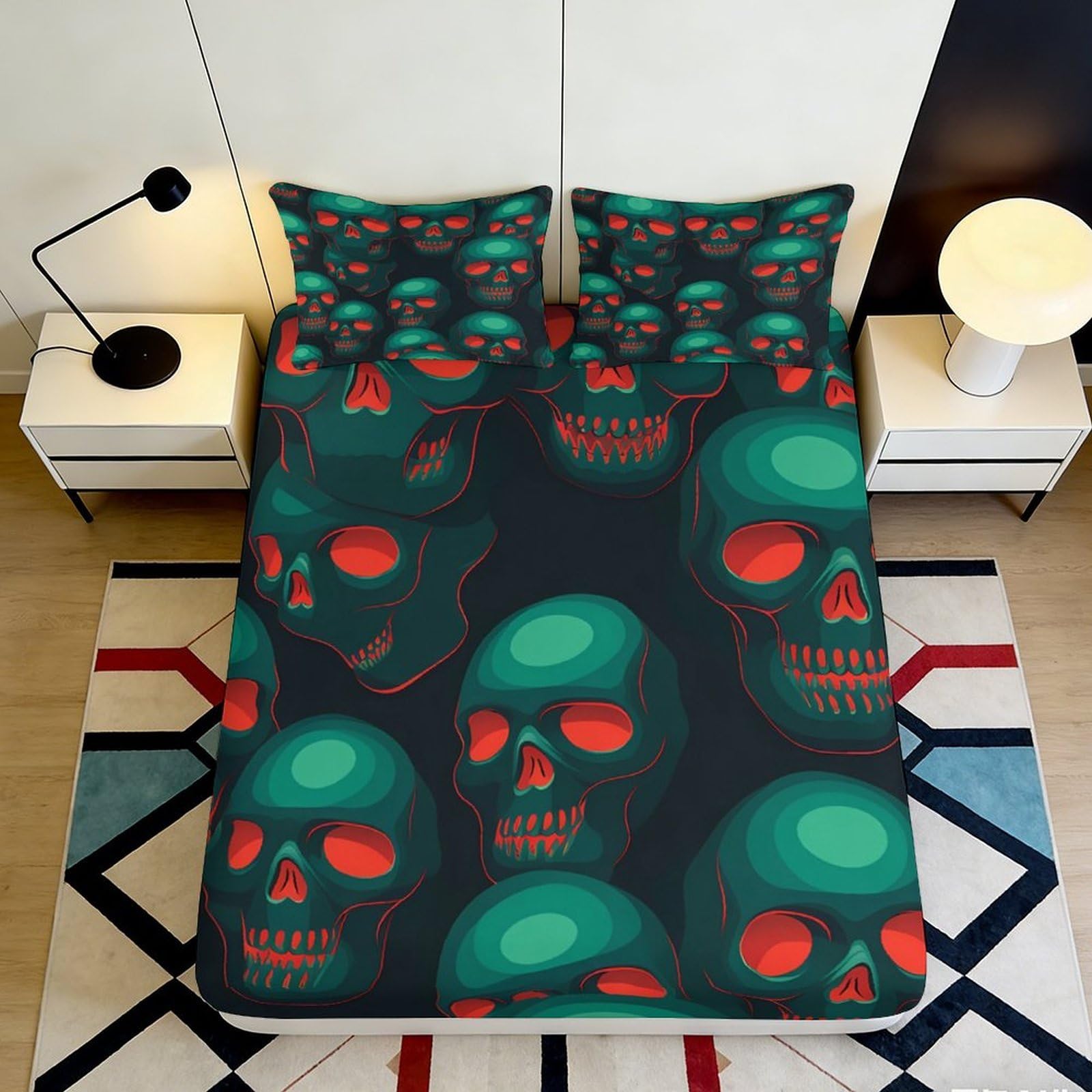 3D Printed Skull Fitted Sheet Microfiber Deep Pocket Non-Slip Skull Mattress Fitted Cover Washable Elastic Hem for Adults 180x200x25cm