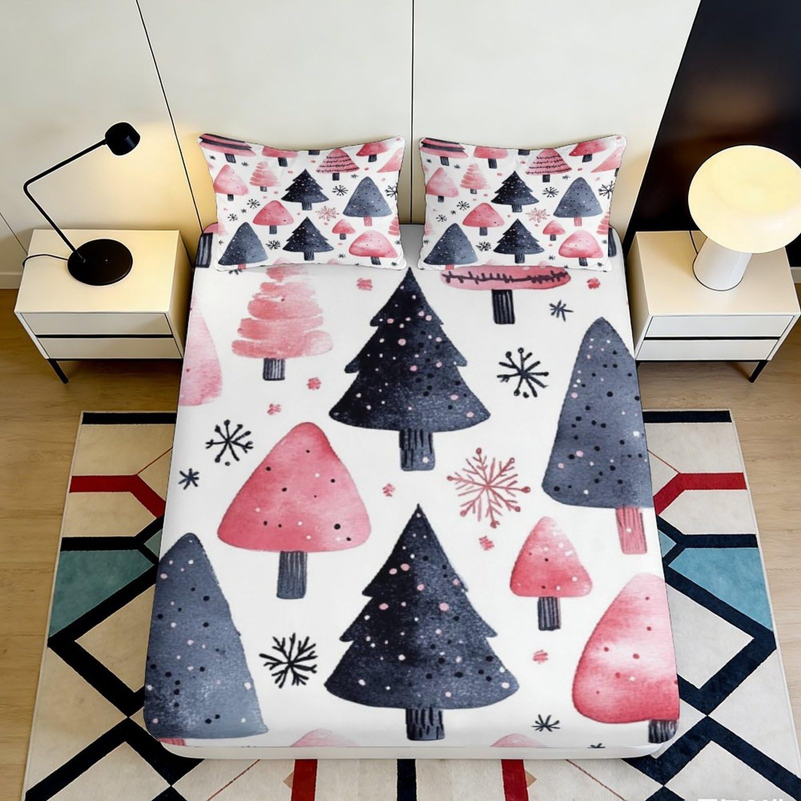 3D Printed Pink Blue Christmas Tree Fitted Sheet Microfiber Anti-Slip Winter Snowflake Mattress Cover for Bedroom Guest Room 160x200x25cm