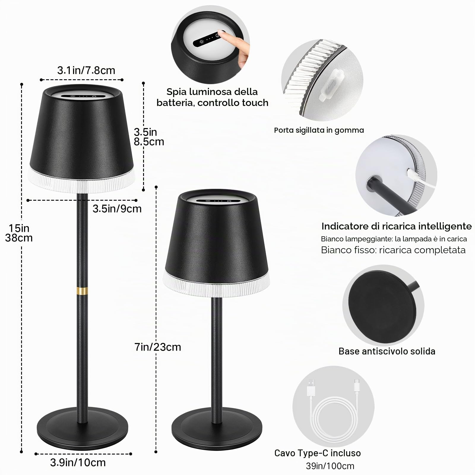 OUTON 2 Pezzi Lampada da Tavolo Senza Fili con 3 Modalità, Nero | Colore e Luce RGB, Lampada LED Ricaricabile con Touch, Dimmerabile, Memoria, Impermeabile IP54 per Camera da Letto