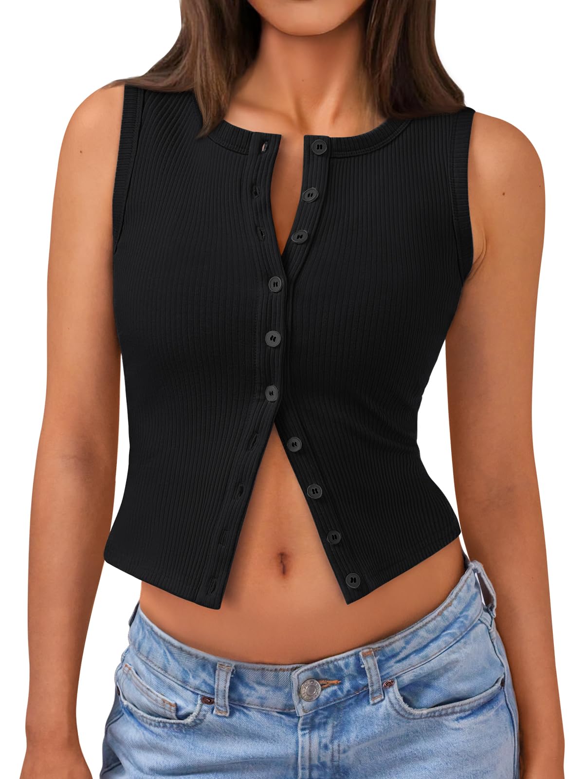 Trendy Queen Womens Ribbed Button Down Sleeveless Shirts Summer Going Out Cropped Tank Top