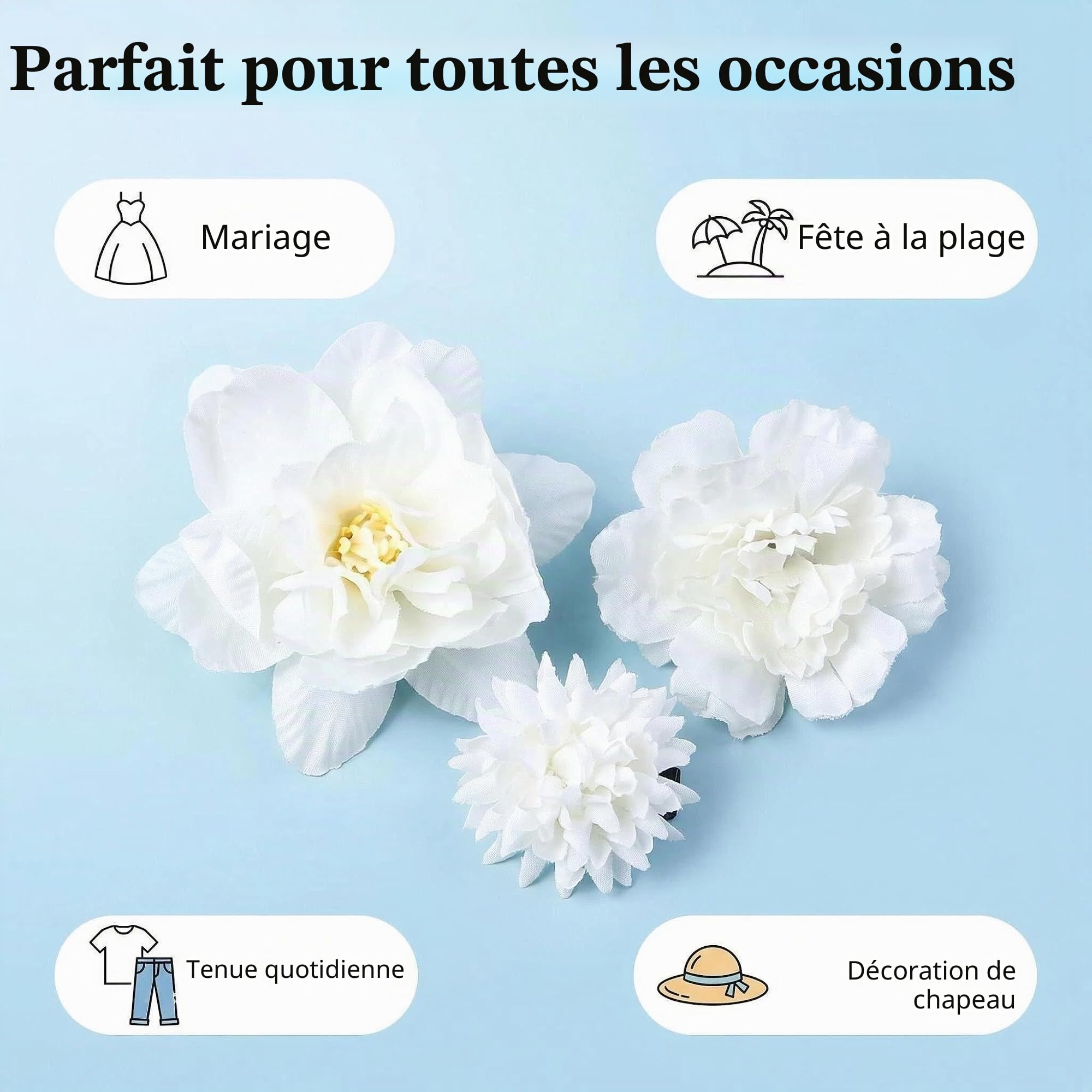 Lot de 21 pinces à cheveux en forme de fleur en tissu de soie pour femme, plusieurs designs élégants, style bohème, mariage, plage, fête (blanc)