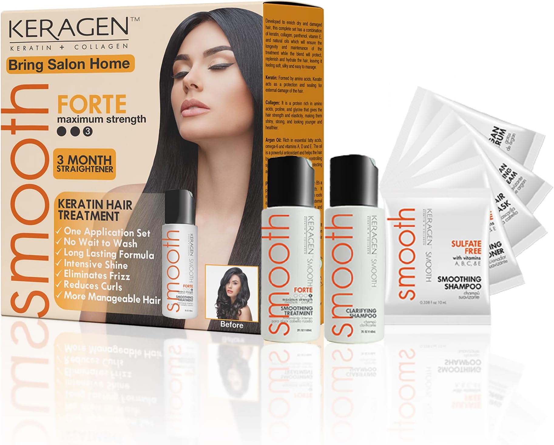 KERAGEN Brazilian Keratin Hair Smoothing Treatment - Express Home Blowout Kit - Straightens & Smooths Frizz - With 2 Oz Forte Treatment, Clarifying Shampoo & Aftercare Samples