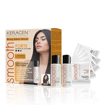 KERAGEN Brazilian Keratin Hair Smoothing Treatment - Express Home Blowout Kit - Straightens & Smooths Frizz - With 2 Oz Forte Treatment, Clarifying Shampoo & Aftercare Samples
