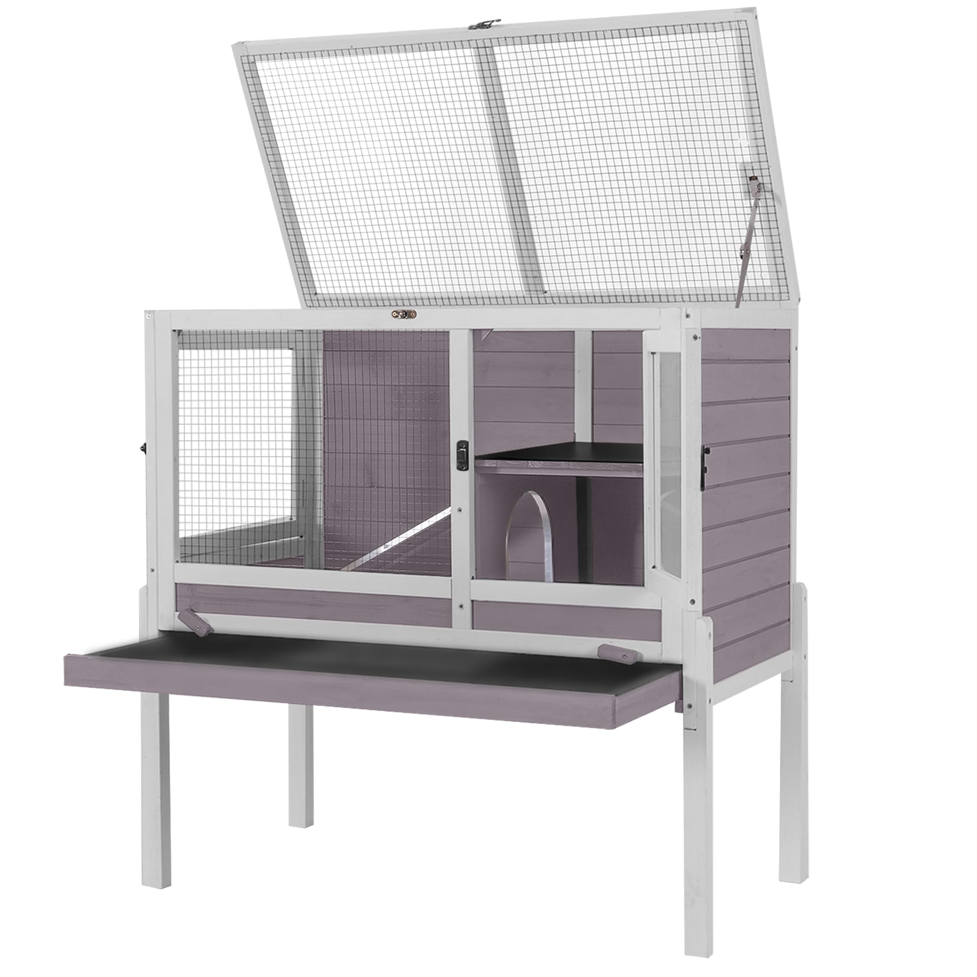 Aivituvin Guinea Pig Cages, Rabbit Hutch with Anti-Chew Frame, Bunny Cage with Cleaning Sliding Tray, 3 Openable Areas, Assemblable Legs, Ramp &amp; Hideout Included - Grey